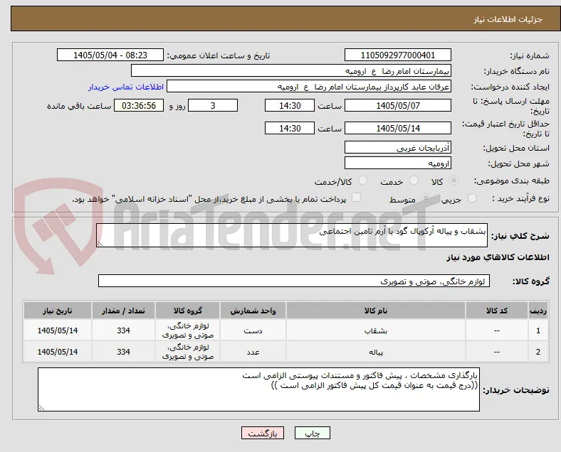 بشقاب و پیاله آرکوپال گود با آرم تامین اجتماعی