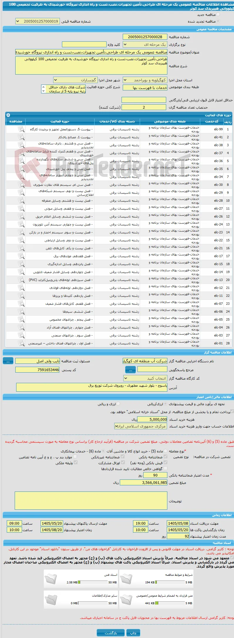 مناقصه عمومی یک مرحله ای طراحی،تأمین تجهیزات،نصب،تست و راه اندازی نیروگاه خورشیدی به ظرفیت تجمیعی 100 کیلوواتی هیبریدی سد کوثر