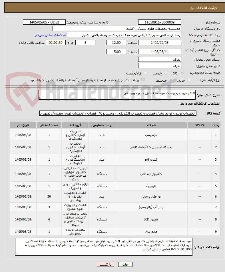 اقلام مورد درخواست موسسه طبق جدول پیوستی