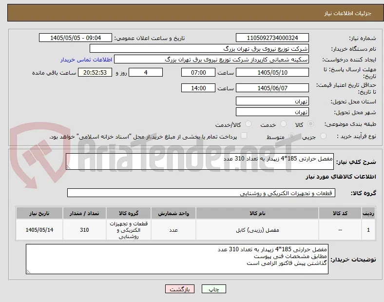 مفصل حرارتی 185*4 زیپدار به تعداد 310 عدد 