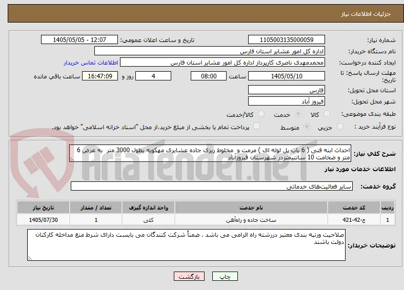احداث ابنه فنی ( 6 باب پل لوله ای ) مرمت و  مخلوط ریزی جاده عشایری مهکویه بطول 3000 متر  به عرض 6 متر و ضخامت 10 سانتیمتردر شهرستان فیروزآباد