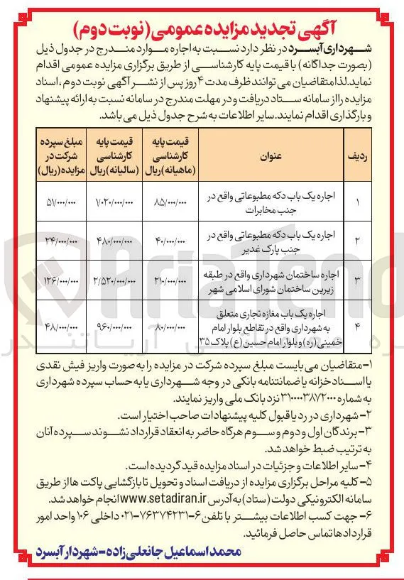اجاره پارکینگ، دکه مطبوعاتی، ساختمان و مغازه تجاری