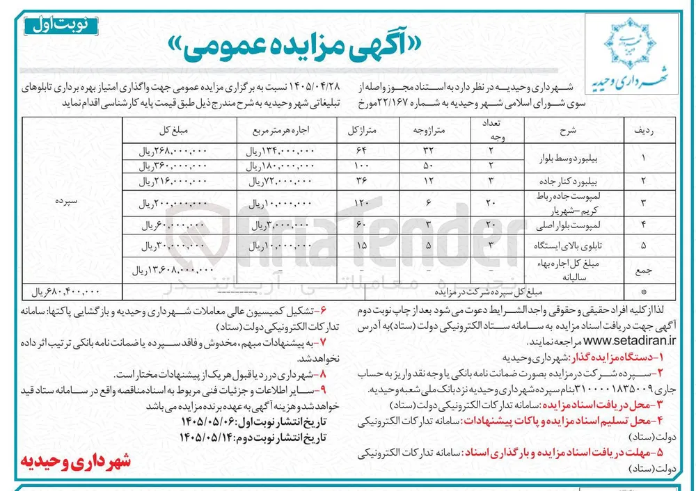 واگذاری امتیاز بهره برداری تابلوهای تبلیغاتی