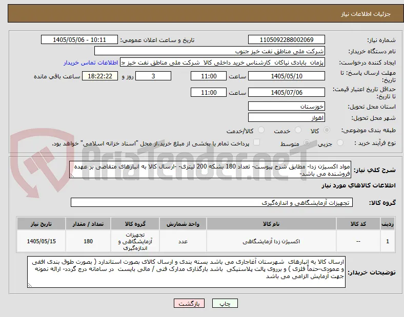 مواد اکسیژن زدا- مطابق شرح پیوست- تعداد 180 بشکه 200 لیتری- -ارسال کالا به انبارهای متقاضی بر عهده فروشنده می باشد-