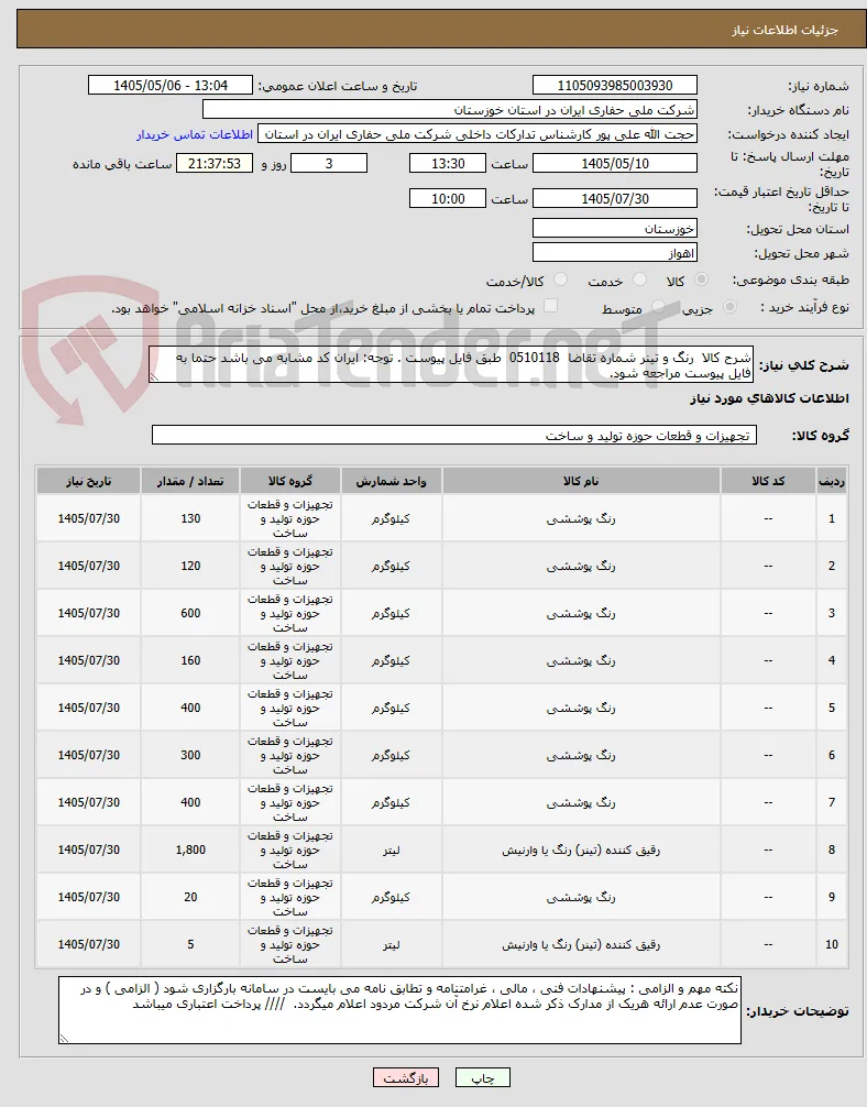 شرح کالا  رنگ و تینر شماره تقاضا  0510118  طبق فایل پیوست . توجه: ایران کد مشابه می باشد حتما به فایل پیوست مراجعه شود.   