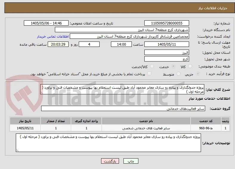 پروژه جدولگذاری و پیاده رو سازی معابر محمود آباد طبق لیست استعلام بها پیوست و مشخصات فنی و براورد ( مرحله اول ) 