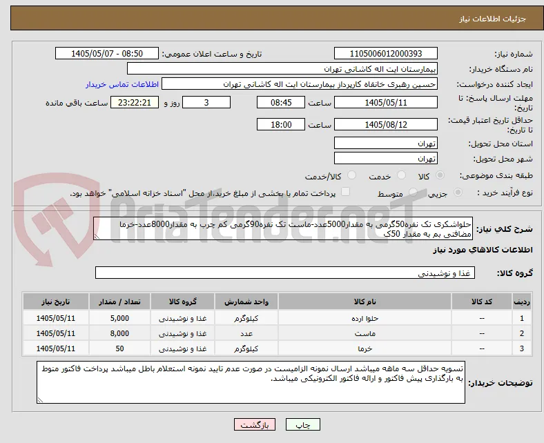حلواشکری تک نفره50گرمی به مقدار5000عدد-ماست تک نفره90گرمی کم چرب به مقدار8000عدد-خرما مضافتی بم به مقدار 50ک