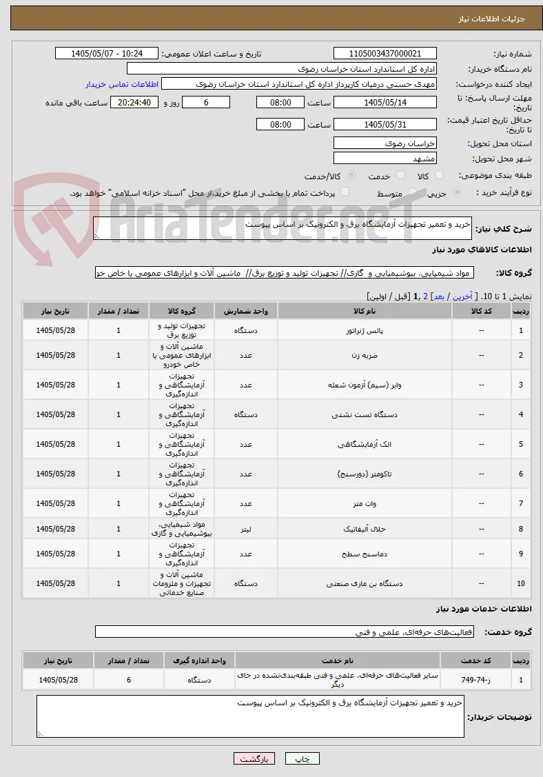 خرید و تعمیر تجهیزات آزمایشگاه برق و الکترونیک بر اساس پیوست