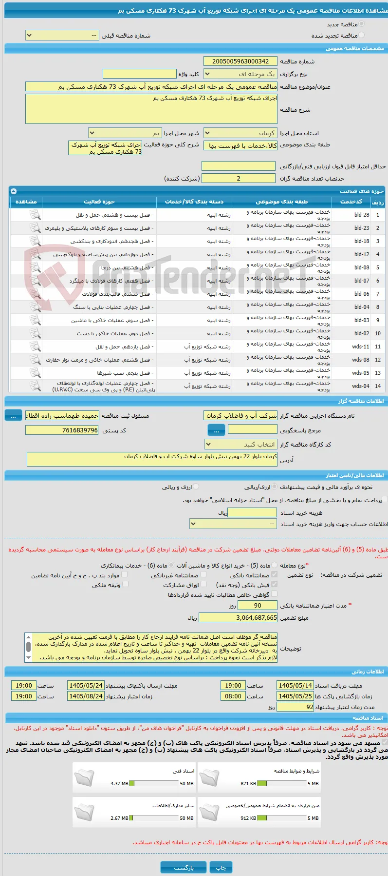 مناقصه عمومی یک مرحله ای اجرای شبکه توزیع آب شهرک 73 هکتاری مسکن بم