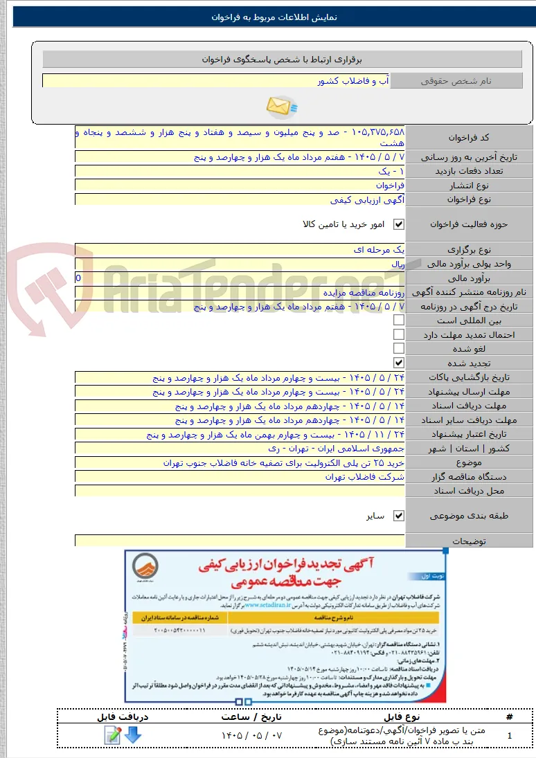 خرید ۲۵ تن پلی الکترولیت برای تصفیه خانه فاضلاب جنوب تهران