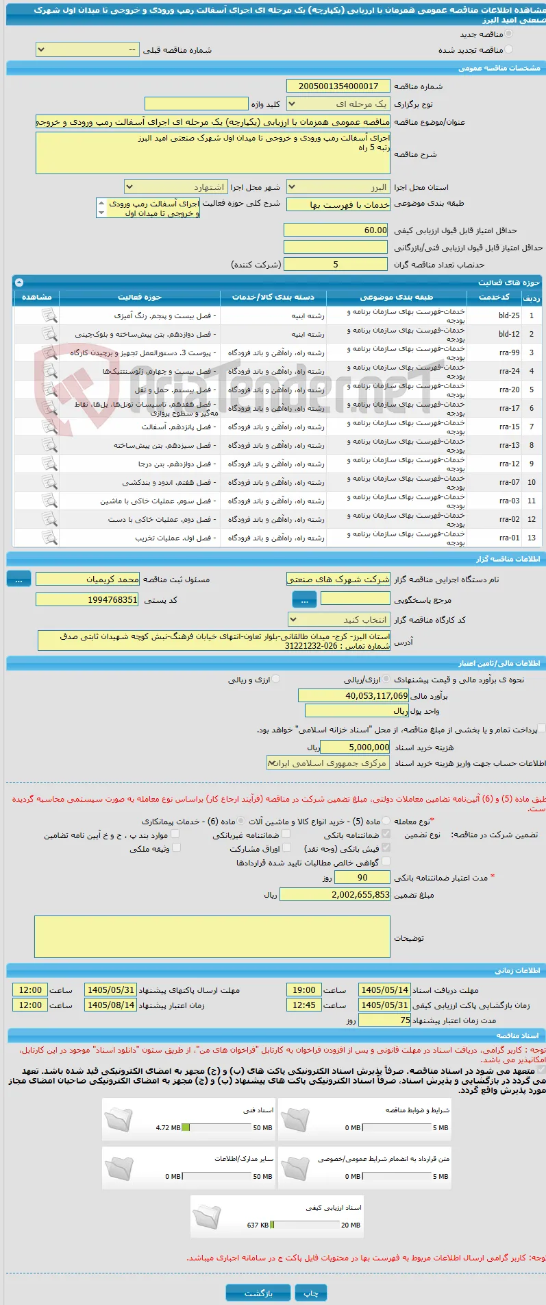 مناقصه عمومی همزمان با ارزیابی (یکپارچه) یک مرحله ای اجرای آسفالت رمپ ورودی و خروجی تا میدان اول شهرک صنعتی امید البرز