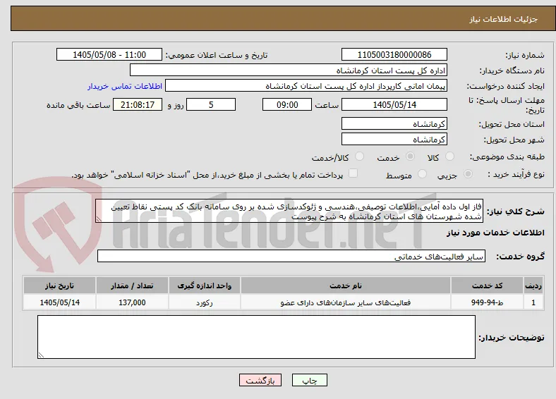 فاز اول داده آمایی،اطلاعات توصیفی،هندسی و ژئوکدسازی شده بر روی سامانه بانک کد پستی نقاط تعیین شده شهرستان های استان کرمانشاه به شرح پیوست  