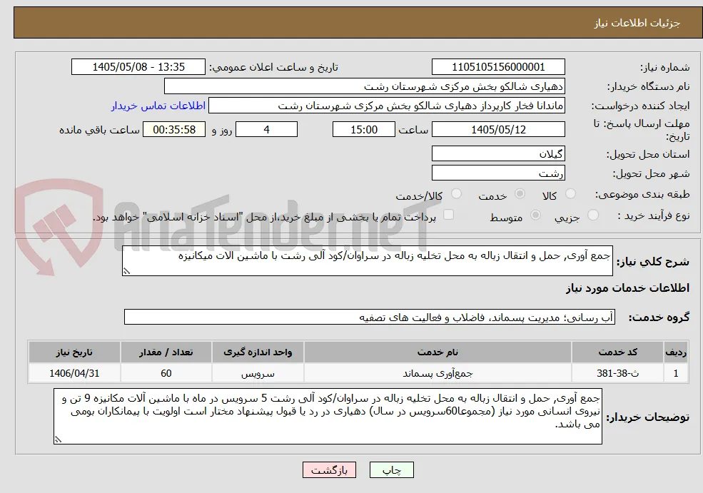 جمع آوری, حمل و انتقال زباله به محل تخلیه زباله در سراوان/کود آلی رشت با ماشین الات میکانیزه