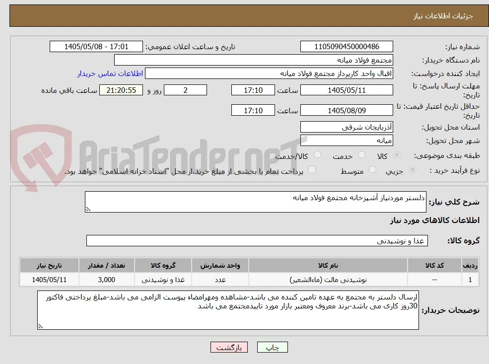 دلستر موردنیاز آشپزخانه مجتمع فولاد میانه 