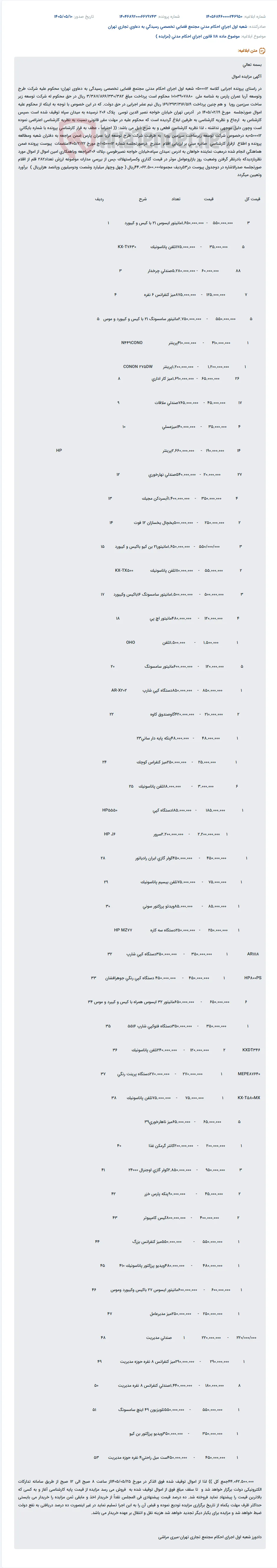 مزایده اموال توقیف شده شرکت طرح و توسعه آریا عمران پارس.