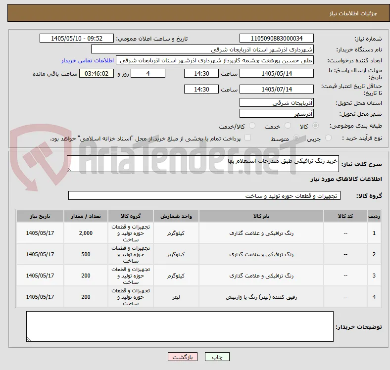 خرید رنگ ترافیکی طبق مندرجات استعلام بها