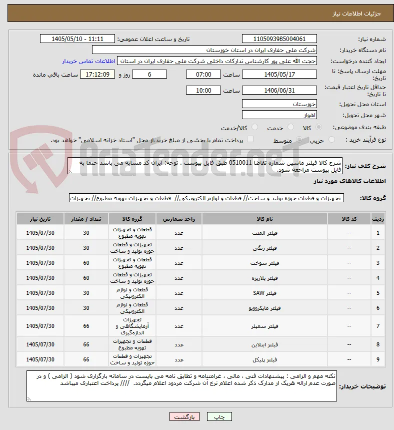 شرح کالا فیلتر ماشین شماره تقاضا 0510011 طبق فایل پیوست . توجه: ایران کد مشابه می باشد حتما به فایل پیوست مراجعه شود.   