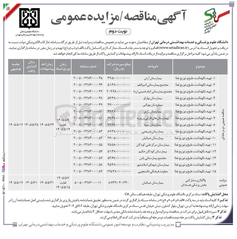 تهیه، نگهداشت، طبخ و توزیع غذا بیمارستان ضیائیان 