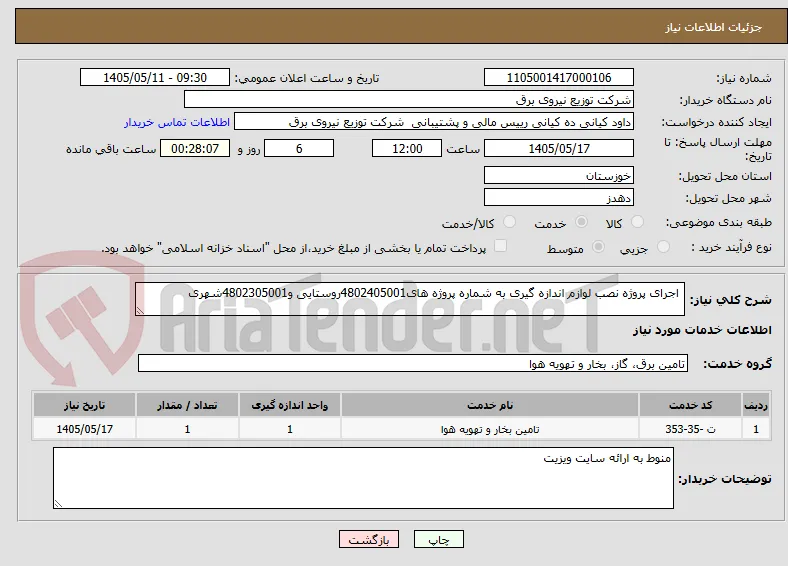  اجرای پروژه نصب لوازم اندازه گیری به شماره پروژه های4802405001روستایی و4802305001شهری
