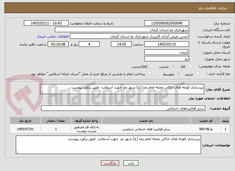 زیرسازی کوچه های خاکی محله امام رضا (ع) شهر بم  جهت آسفالت  طبق برآورد پیوست