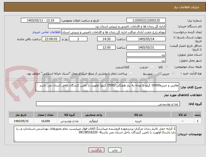 طالبی و خربزه10000 کیلو با توجه به نیاز هفتگی (2500 کیلو) اولویت با تامین کنندگان داخل استان می باشد