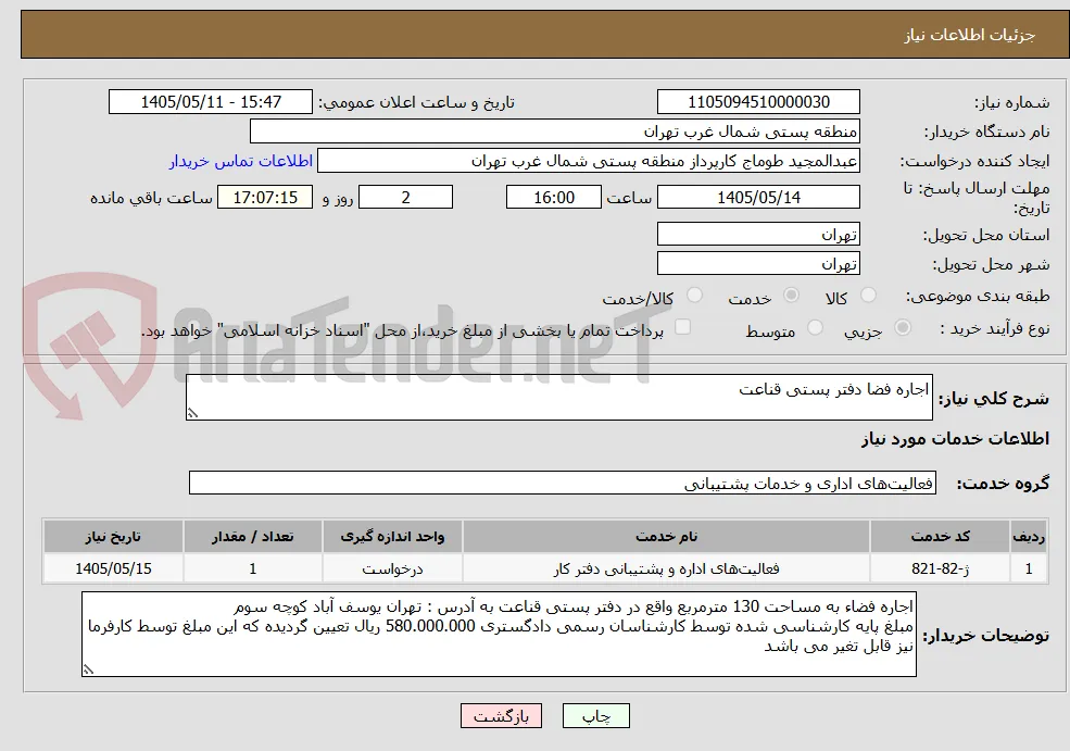 اجاره فضا دفتر پستی قناعت