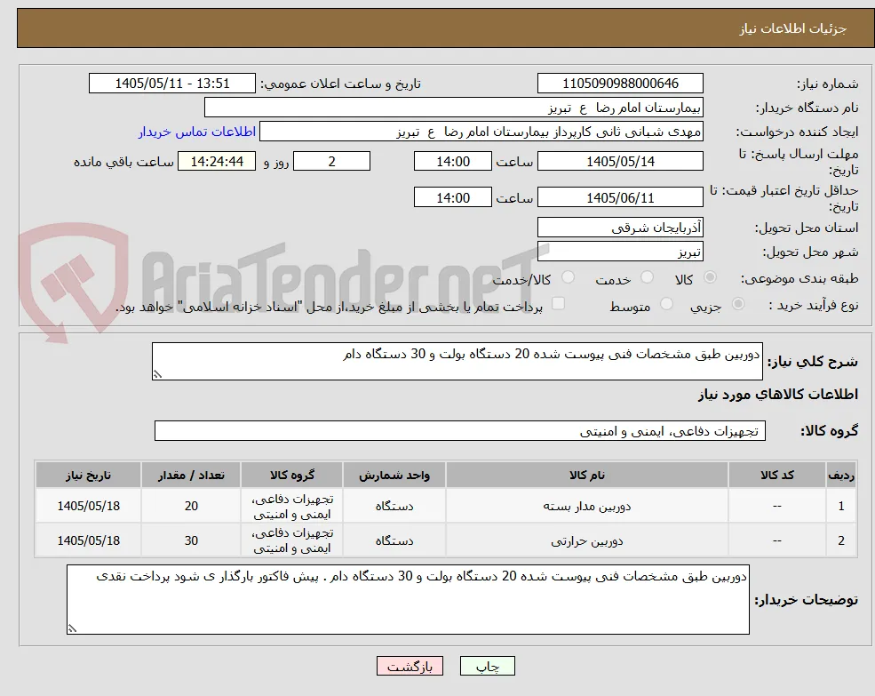 دوربین طبق مشخصات فنی پیوست شده 20 دستگاه بولت و 30 دستگاه دام 
