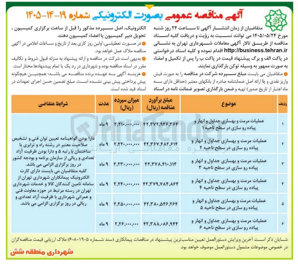 عملیات مرمت و بهسازی جداول و انهار و پیاده رو سازی در سطح ناحیه ۱