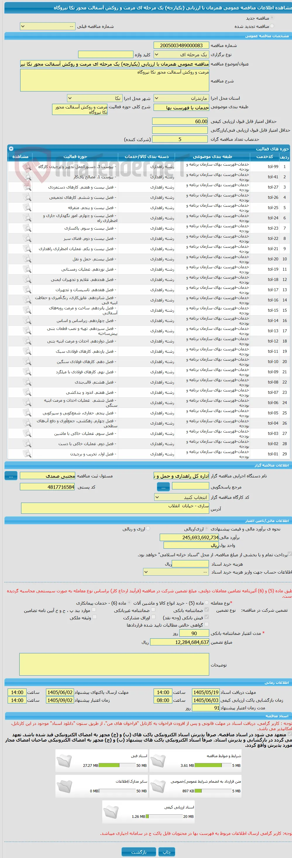مناقصه عمومی همزمان با ارزیابی (یکپارچه) یک مرحله ای مرمت و روکش آسفالت محور نکا نیروگاه