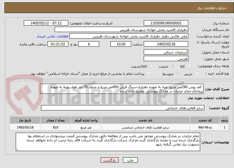  کف پوش 290متر مربع تهیه به عهده دهیاری-سنگ فرش 450متر مربع و جدول 70 متر طول تهیه به عهده پیمانکار-تمام جزئیات در مدارک پیوستی توضیح داده شده