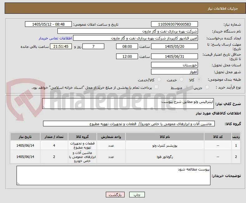 اینترفیس ولو مطابق شرح پیوست