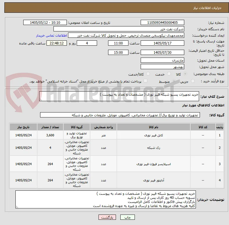 خرید تجهیزات پسیو شبکه فیبر نوری ( مشخصات و تعداد به پیوست ) 