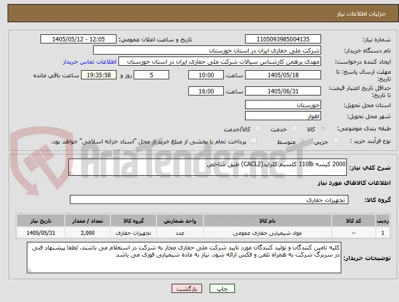 2000 کیسه 110lb کلسیم کلراید(CACL2) طبق شاخص
