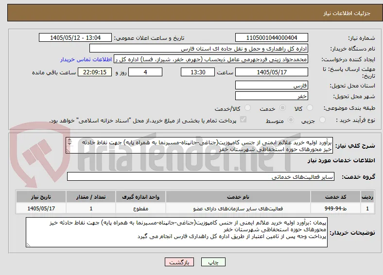 برآورد اولیه خرید علائم ایمنی از جنس کامپوزیت(جناغی-جانپناه-مسیرنما به همراه پایه) جهت نقاط حادثه خیز محورهای حوزه استحفاظی شهرستان خفر					
