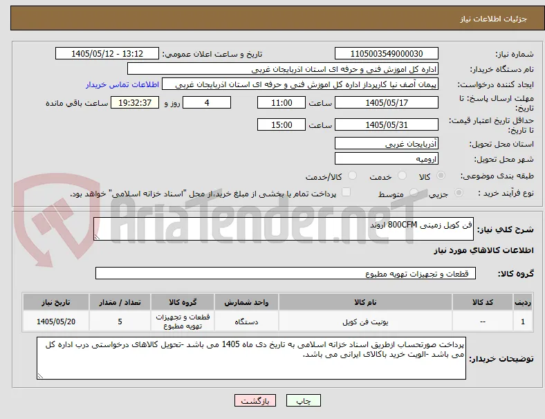فن کویل زمینی 800CFM اروند 