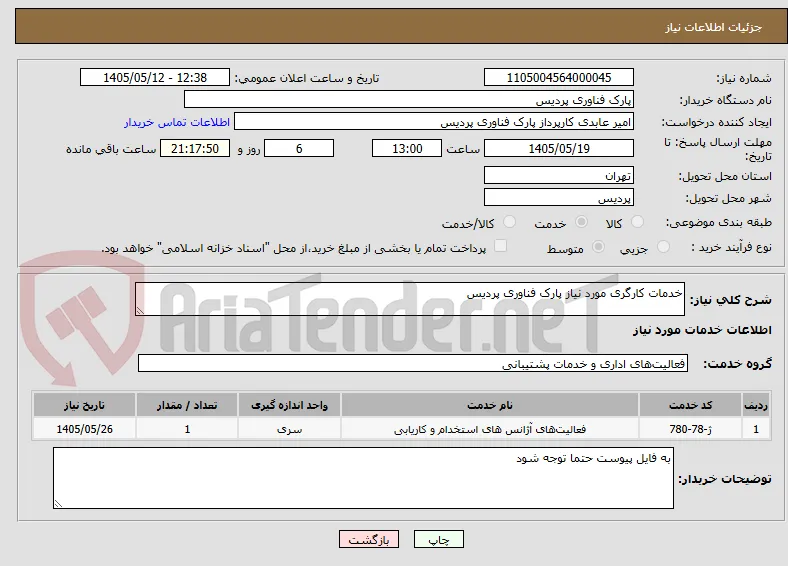 خدمات کارگری مورد نیاز پارک فناوری پردیس