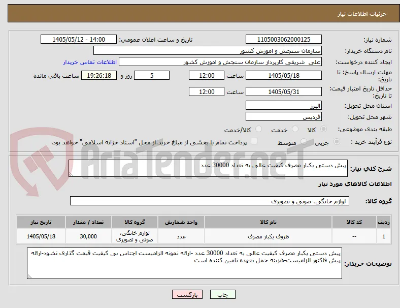 پیش دستی یکبار مصرف کیفیت عالی به تعداد 30000 عدد 