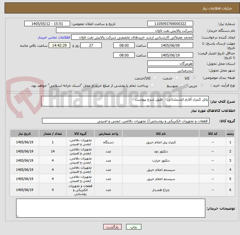 پانل کنترل آلارم اتشنشانی    طبق شرح پیوست