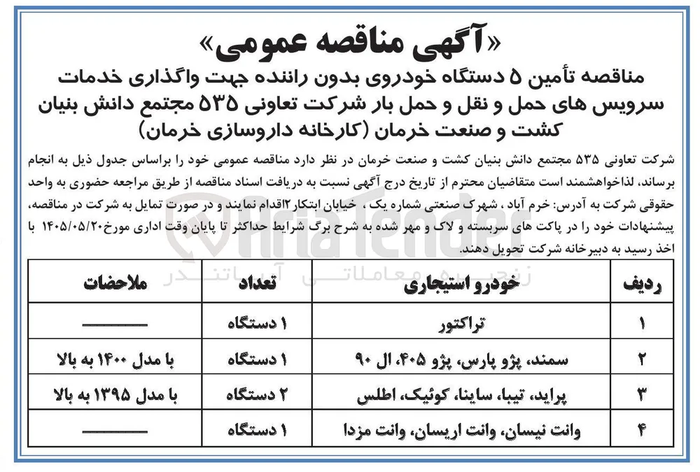 تأمین ۵ دستگاه خودروی بدون راننده جهت واگذاری خدمات سرویس های حمل و نقل و حمل بار
