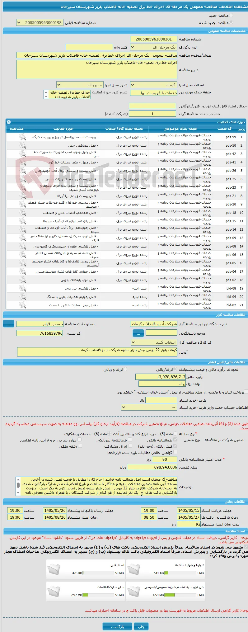 مناقصه عمومی یک مرحله ای اجرای خط برق تصفیه خانه فاضلاب پاریز شهرستان سیرجان