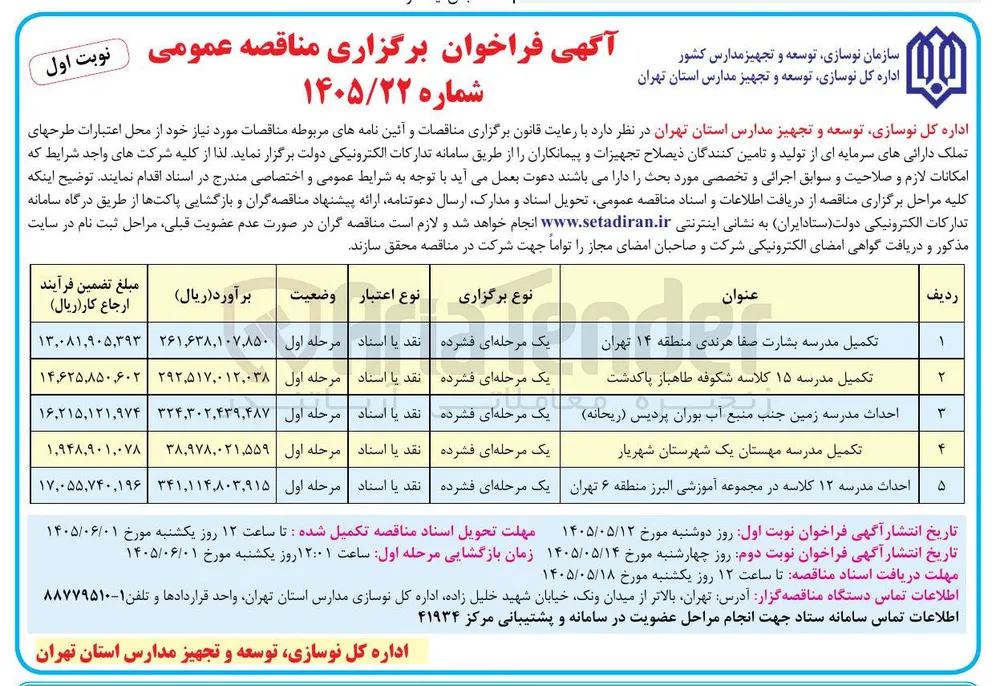 احداث مدرسه ۱۲ کلاسه در مجموعه آموزشی البرز منطقه ۶ تهران 