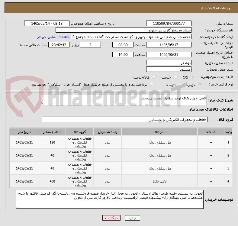 لامپ و پنل های توکار مطابق لیست پیوست