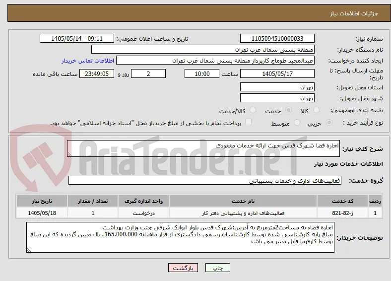 اجاره فضا شهرک قدس جهت ارائه خدمات مفقودی