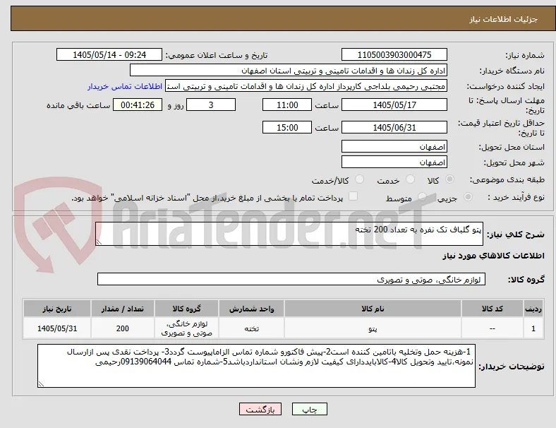 پتو گلباف تک نفره به تعداد 200 تخته 
