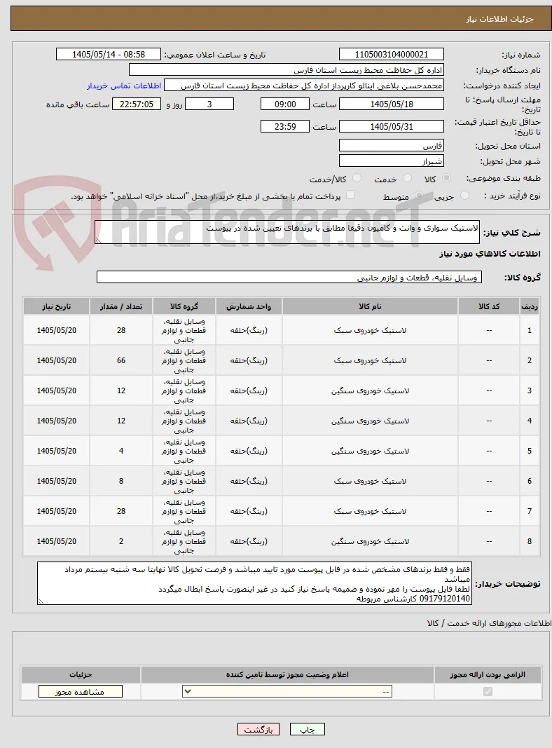 لاستیک سواری و وانت و کامیون دقیقا مطابق با برندهای تعیین شده در پیوست