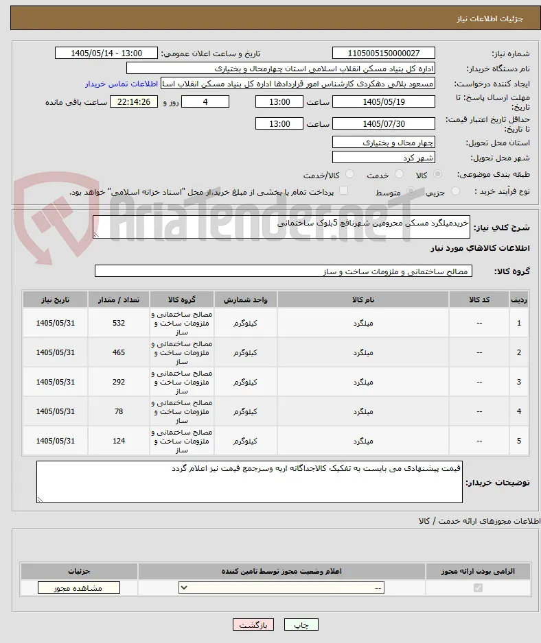 خریدمیلگرد مسکن محرومین شهرنافچ 5بلوک ساختمانی