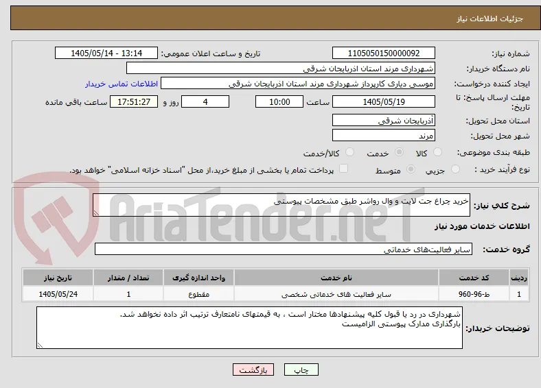 خرید چراغ جت لایت و وال رواشر طبق مشخصات پیوستی
