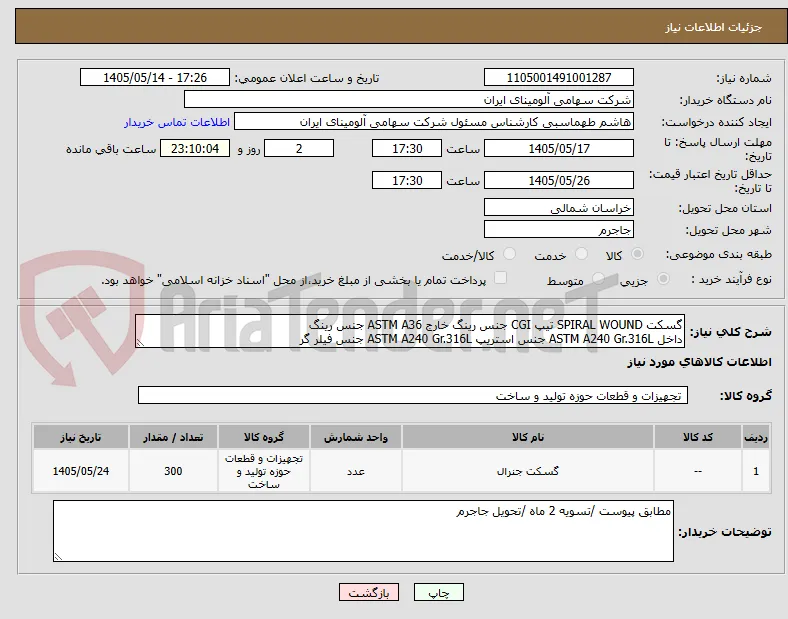 گسکت SPIRAL WOUND تیپ CGI جنس رینگ خارج ASTM A36 جنس رینگ
داخل ASTM A240 Gr.316L جنس استریپ ASTM A240 Gr.316L جنس فیلر گر
