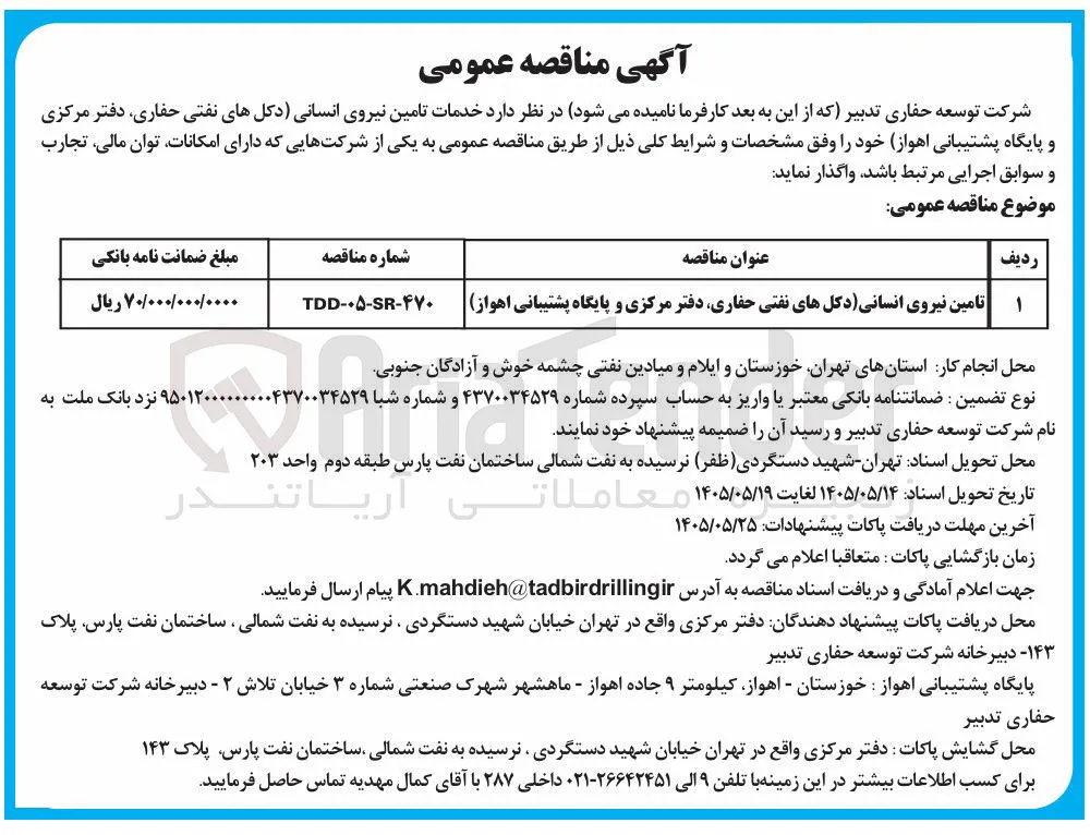 تامین نیروی انسانی (دکل های نفتی حفاری، دفتر مرکزی و پایگاه پشتیبانی اهواز)