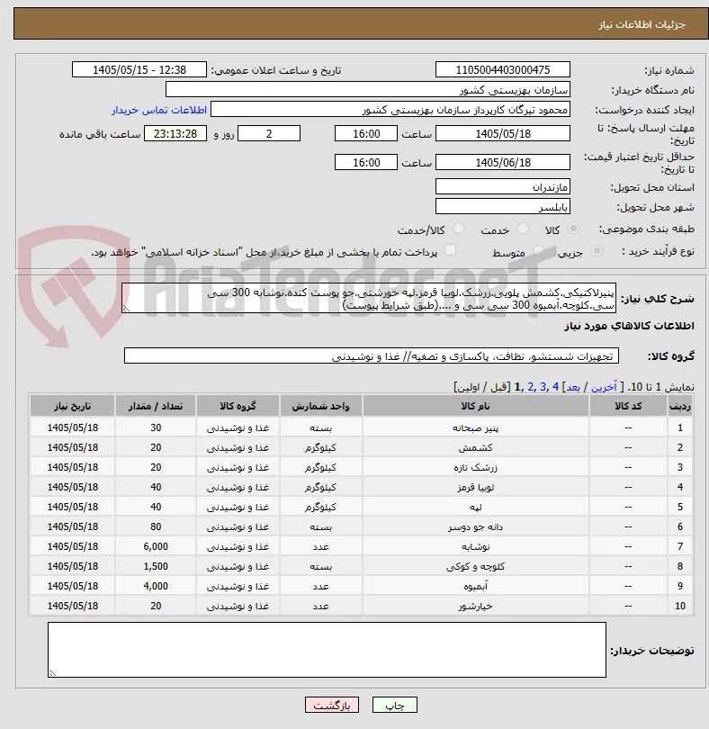 پنیرلاکتیکی.کشمش پلویی.زرشک.لوبیا قرمز.لپه خورشتی.جو پوست کنده.نوشابه 300 سی سی.کلوچه.آبمیوه 300 سی سی و ....(طبق شرایط پیوست)